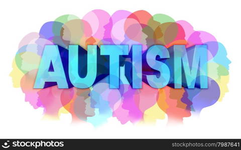 Autism diagnosis and autistic disorder concept or ASD concept as a group of human faces showing the color specrtrum as a mental health issue symbol for medical research and community education support and resources.