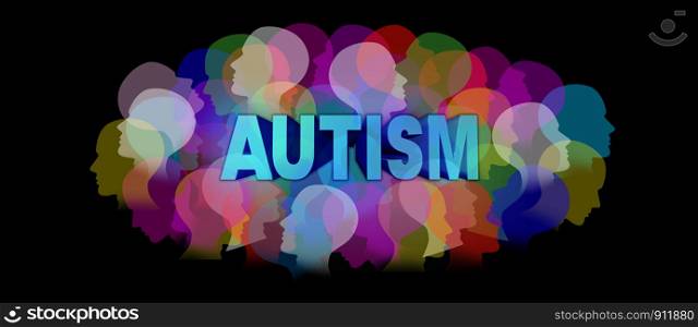 Autism diagnosis and autistic disorder concept or ASD concept as a group of human faces showing the color specrtrum as a mental health symbol for support and resources with 3D illustration elements.