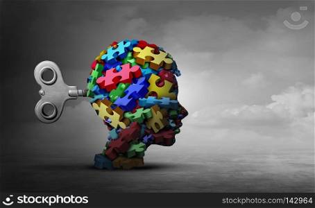 Autism therapy concept as a group of puzzle pieces shaped as a head of a child as an autistic icon for mental disorder idea with 3D illustration elements.