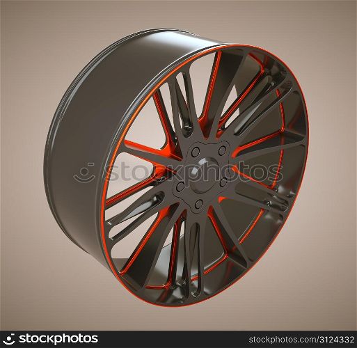 Auto alloy disc or wheel. Black and red. Large resolution