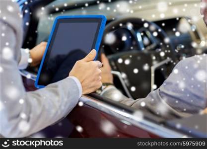 auto business, car sale, consumerism and people concept - close up of men with tablet pc computer and cabrio in auto show or salon over snow effect