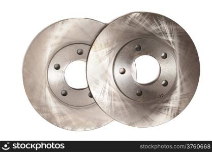 Auto in service. Closeup of new brake disks for modern car isolated on white. By machinist.
