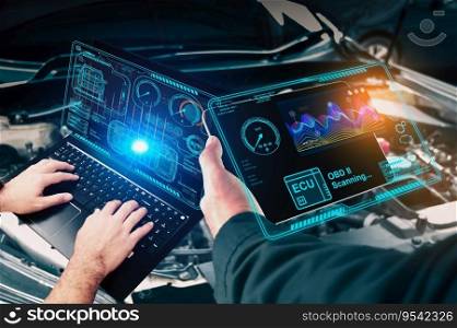 Auto mechanic checking ECU engine system with OBD2 wireless scanning tool and laptop,car information showing on screen interface,mechanic car repairing working in repair garage,Car maintenance service