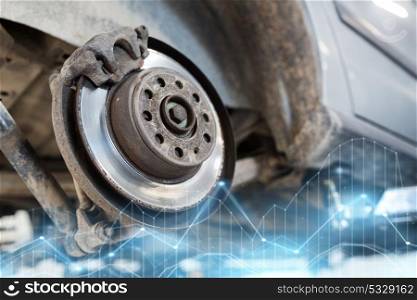 auto service and maintenance concept - car brake disc at repair station. car brake disc at repair station