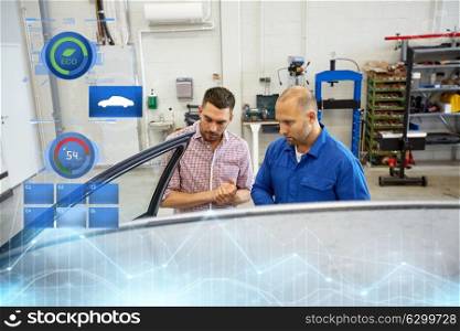 auto service, repair, maintenance and people concept - mechanic and man or owner at car shop. auto mechanic and man at car shop