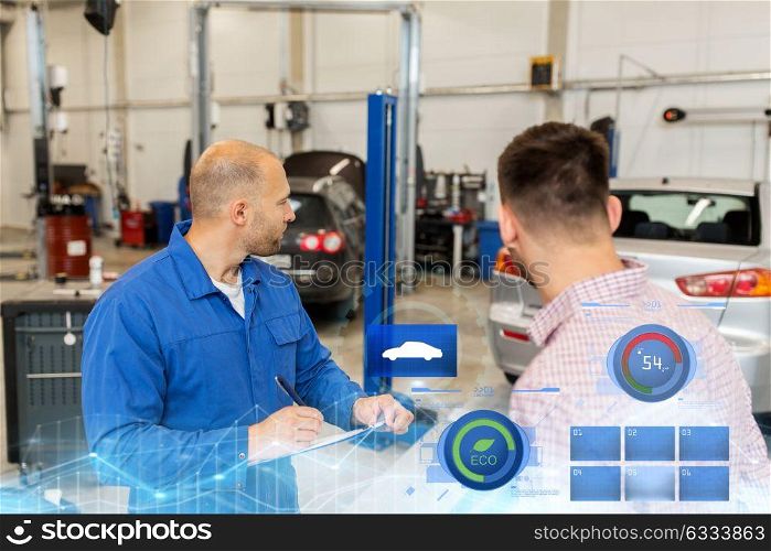 auto service, repair, maintenance and people concept - mechanic with clipboard and man or owner at car shop. auto mechanic with clipboard and man at car shop