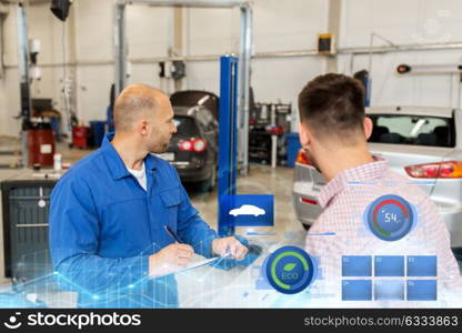 auto service, repair, maintenance and people concept - mechanic with clipboard and man or owner at car shop. auto mechanic with clipboard and man at car shop