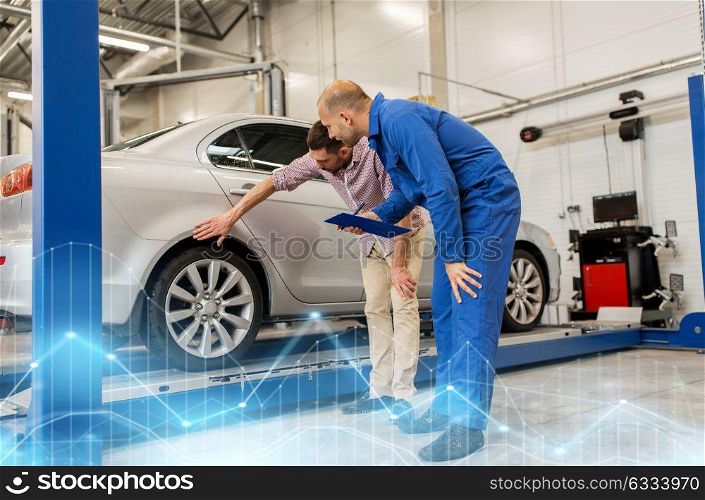 auto service, repair, maintenance and people concept - mechanic with clipboard and man or owner at car shop. auto mechanic with clipboard and man at car shop