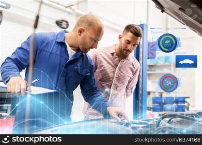 auto service, repair, maintenance and people concept - mechanic with clipboard and man or owner looking at broken car engine at shop. auto mechanic with clipboard and man at car shop