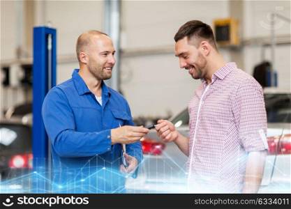 auto service, repair, maintenance and people concept - mechanic with clipboard giving key to happy smiling man or owner at car shop. auto mechanic giving key to man at car shop