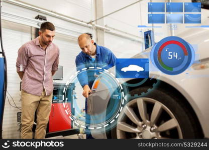 auto service, repair, maintenance and people concept - mechanic with clipboard pointing at bumper and man or owner at car shop. auto mechanic with clipboard and man at car shop