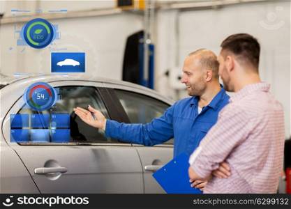 auto service, repair, maintenance and people concept - mechanic with clipboard showing side window to man or owner at car shop. auto mechanic with clipboard and man at car shop