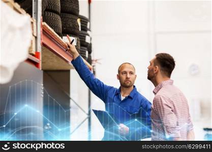 auto service, repair, maintenance and people concept - mechanic with clipboard showing tire to man at car shop. auto mechanic with clipboard and man at car shop