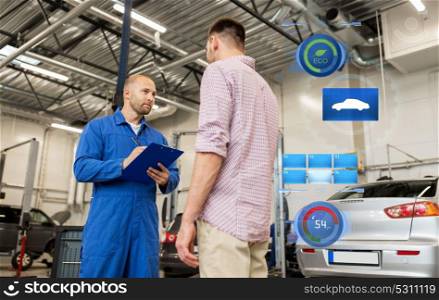 auto service, repair, maintenance and people concept - mechanic with clipboard talking to man or owner at car shop. auto mechanic with clipboard and man at car shop
