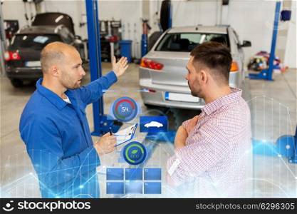 auto service, repair, maintenance and people concept - mechanic with clipboard talking to man or owner at car shop. auto mechanic with clipboard and man at car shop