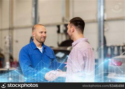 auto service, repair, maintenance, gesture and people concept - mechanic with clipboard and man or owner shaking hands at car shop. auto mechanic and man shaking hands at car shop
