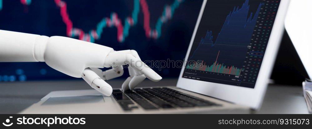 Automated stock trading concept. Robotic hand analyzing financial data on stock exchange, artificial intelligence utilization to predict precise price change in stock market. Trailblazing