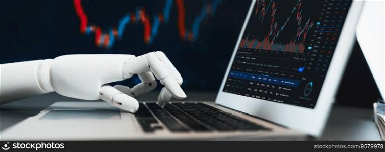 Automated stock trading concept. Robotic hand analyzing financial data on stock exchange, artificial intelligence utilization to predict precise price change in stock market. Trailblazing. Robotic hand analyzing financial data on stock exchange. Trailblazing