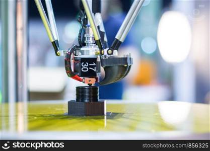 Automatic 3d printer performs a three-dimensional product creation, close-up