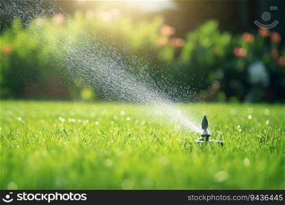 Automatic lawn sprinkler watering green grass. Sprinkler with automatic system. Garden irrigation system watering lawn. Water saving or water conservation from sprinkler system. Generative AI.
