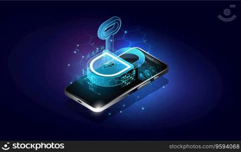Automatic protection. Smart app protects smart phone from thefts and hacker attacks. Security lock inside technology. Mobile security modern concept. Vector illustration.