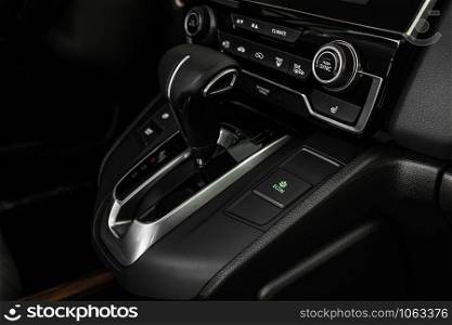 automatic transmission. details of the car interior, black leather interior. details of stylish car interior, leather interior. automatic transmission
