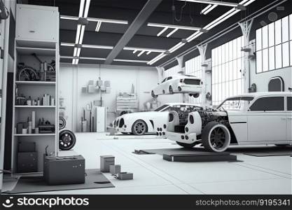 Automation aumobile factory concept. Robot assembly line in car manufacturing. Neural network AI generated art. Automation aumobile factory concept. Robot assembly line in car manufacturing. Neural network generated art