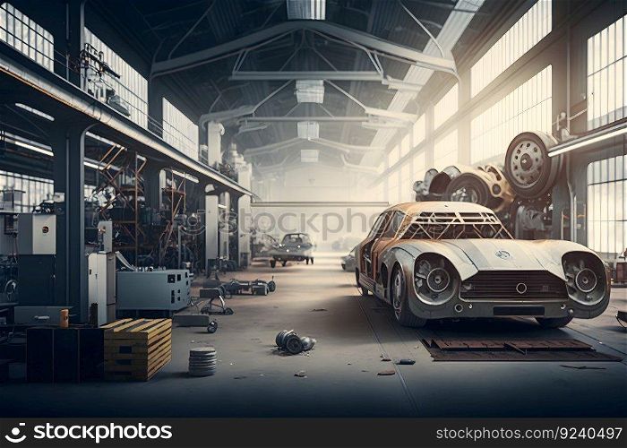 Automation aumobile factory concept. Robot assembly line in car manufacturing. Neural network AI generated art. Automation aumobile factory concept. Robot assembly line in car manufacturing. Neural network generated art