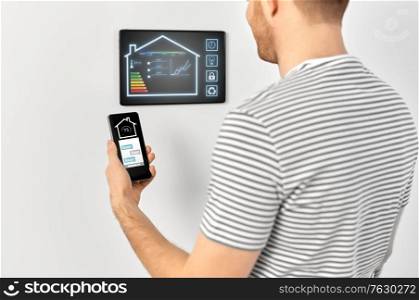 automation, internet of things and technology concept - close up of happy smiling man with smartphone looking at tablet pc computer on wall at smart home. man with smartphone and tablet pc at smart home