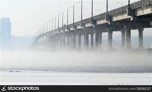 automobile bridge in winter morning.