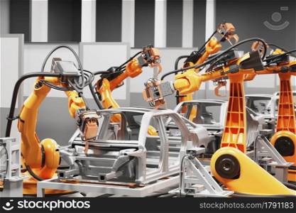 Automobile production line using robots to work in smart factories. 3d Illustration