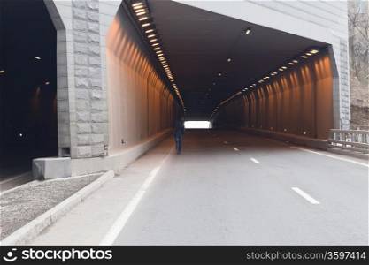 Automobile tunnel without cars with artificial lighting