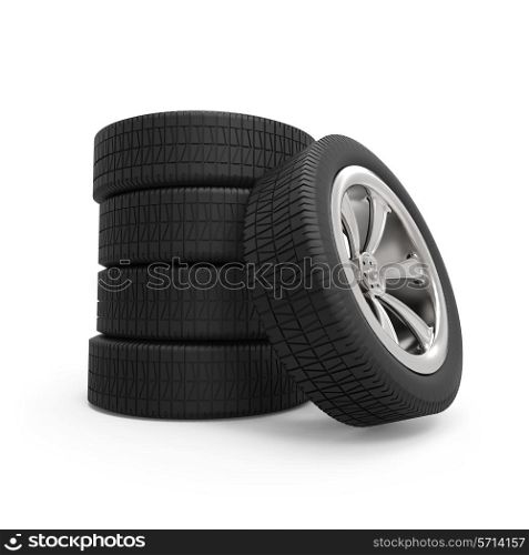 Automobile wheels stack isolated on white background.