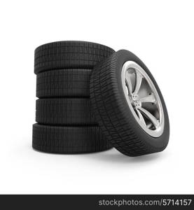 Automobile wheels stack isolated on white background.