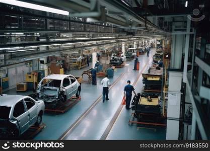 automotive factory, bustling with activity and workers manufacturing cars, created with generative ai. automotive factory, bustling with activity and workers manufacturing cars