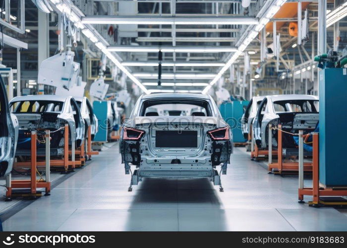 automotive factory, with cars being manufactured and tested on the assembly line, created with generative ai. automotive factory, with cars being manufactured and tested on the assembly line