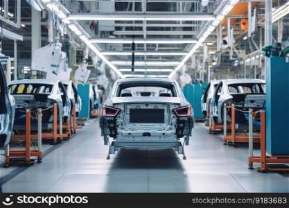 automotive factory, with cars being manufactured and tested on the assembly line, created with generative ai. automotive factory, with cars being manufactured and tested on the assembly line