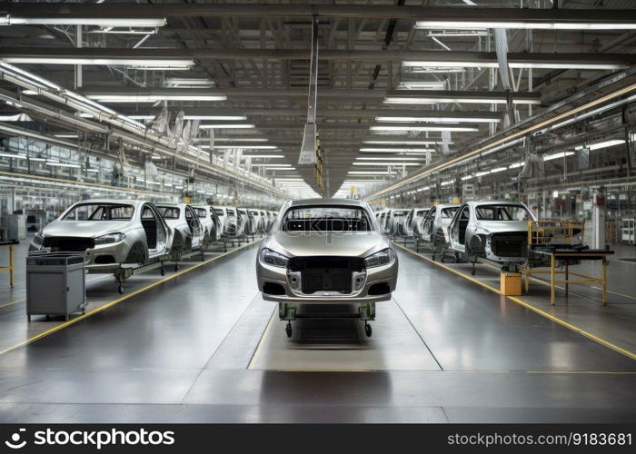 automotive factory, with row of cars being built and inspected, created with generative ai. automotive factory, with row of cars being built and inspected