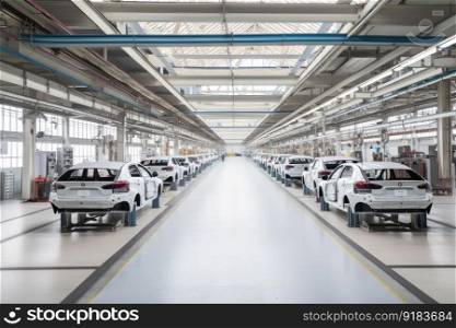 automotive factory, with rows of cars in various stages of assembly, created with generative ai. automotive factory, with rows of cars in various stages of assembly