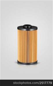 automotive filter cylindrical shape of orange color on a white background with reflection. automobile filter on a white background