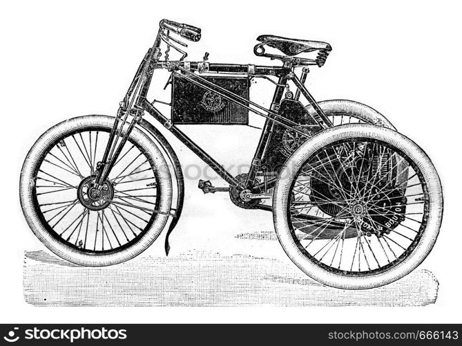 Automotive tricycle, vintage engraved illustration. Industrial encyclopedia E.-O. Lami - 1875.