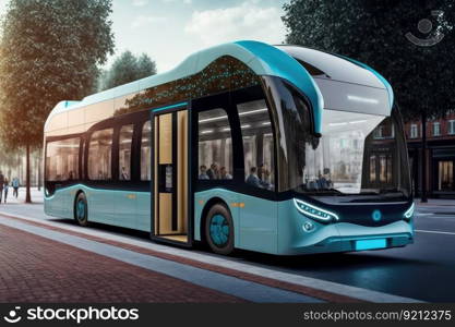 autonomous bus shuttle service stopping at public transport stations to pick up and drop off passengers, created with generative ai. autonomous bus shuttle service stopping at public transport stations to pick up and drop off passengers