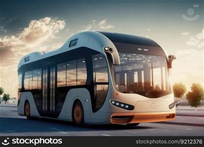 autonomous bus shuttle service stopping at public transport stations to pick up and drop off passengers, created with generative ai. autonomous bus shuttle service stopping at public transport stations to pick up and drop off passengers