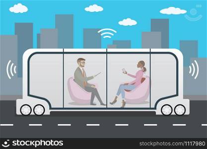 autonomous car or bus and internet of things iot concept self-driving car,futuristic city transport with passengers,vector illustration. autonomous car or bus and internet of things iot concept self-dr