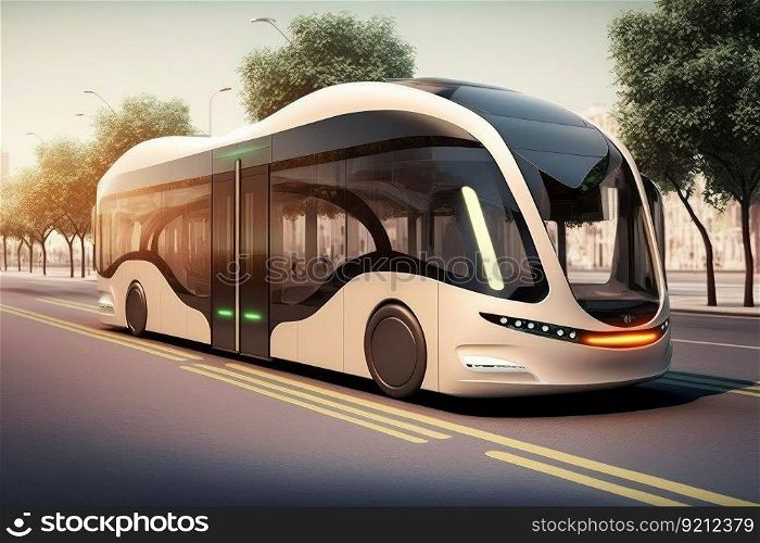 autonomous city bus, making regular stops along designated route, created with generative ai. autonomous city bus, making regular stops along designated route