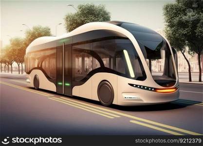 autonomous city bus, making regular stops along designated route, created with generative ai. autonomous city bus, making regular stops along designated route