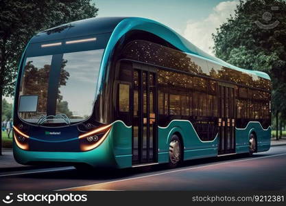 autonomous city bus, making regular stops along designated route, created with generative ai. autonomous city bus, making regular stops along designated route