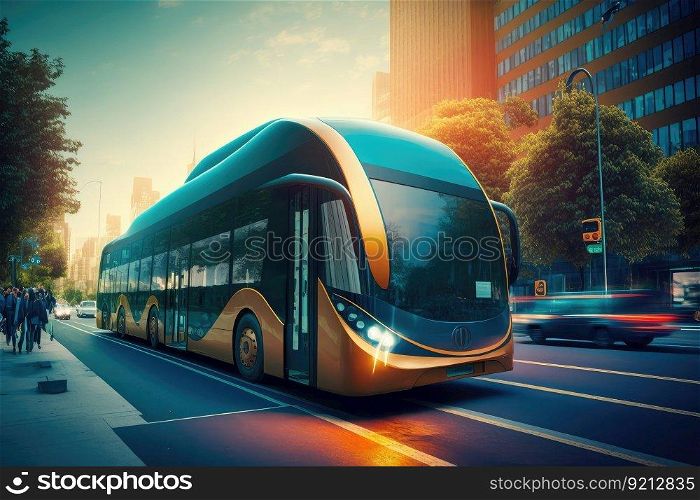 autonomous city bus, picking up and dropping off passengers at designated stops, created with generative ai. autonomous city bus, picking up and dropping off passengers at designated stops