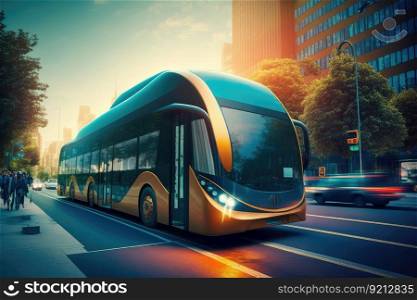 autonomous city bus, picking up and dropping off passengers at designated stops, created with generative ai. autonomous city bus, picking up and dropping off passengers at designated stops