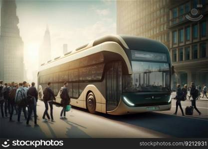 autonomous city bus, serving a bustling and busy metropolis, with passengers on board, created with generative ai. autonomous city bus, serving a bustling and busy metropolis, with passengers on board